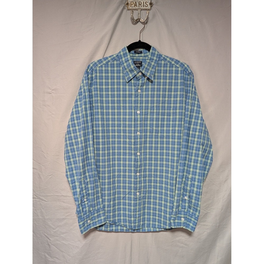J Crew Blue Green Plaid Button Up Classic Cotton Shirt‎ Flex Washed Men's Large